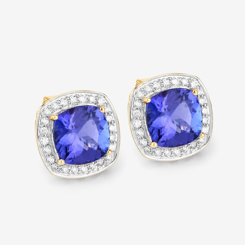 5.98 Carat Genuine Tanzanite and White Diamond 14K Yellow Gold Earrings