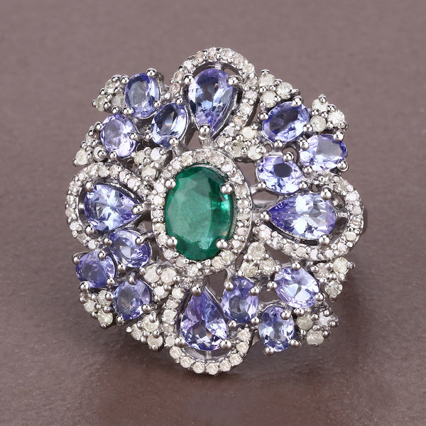 5.25 Carat Genuine Tanzanite, Emerald and White Diamond .925 Sterling Silver Ring