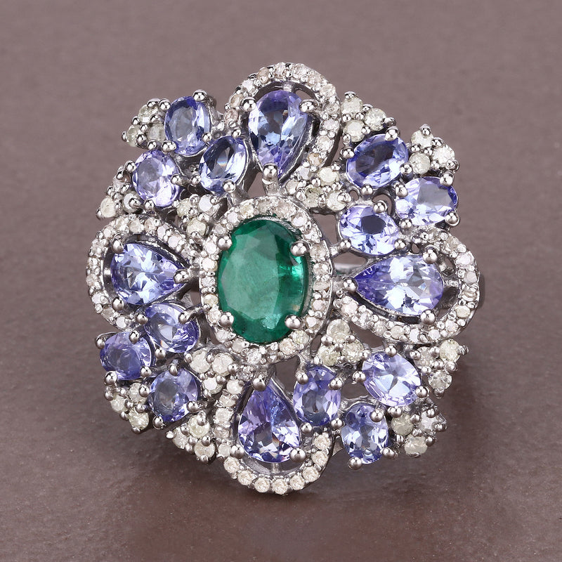 5.25 Carat Genuine Tanzanite, Emerald and White Diamond .925 Sterling Silver Ring