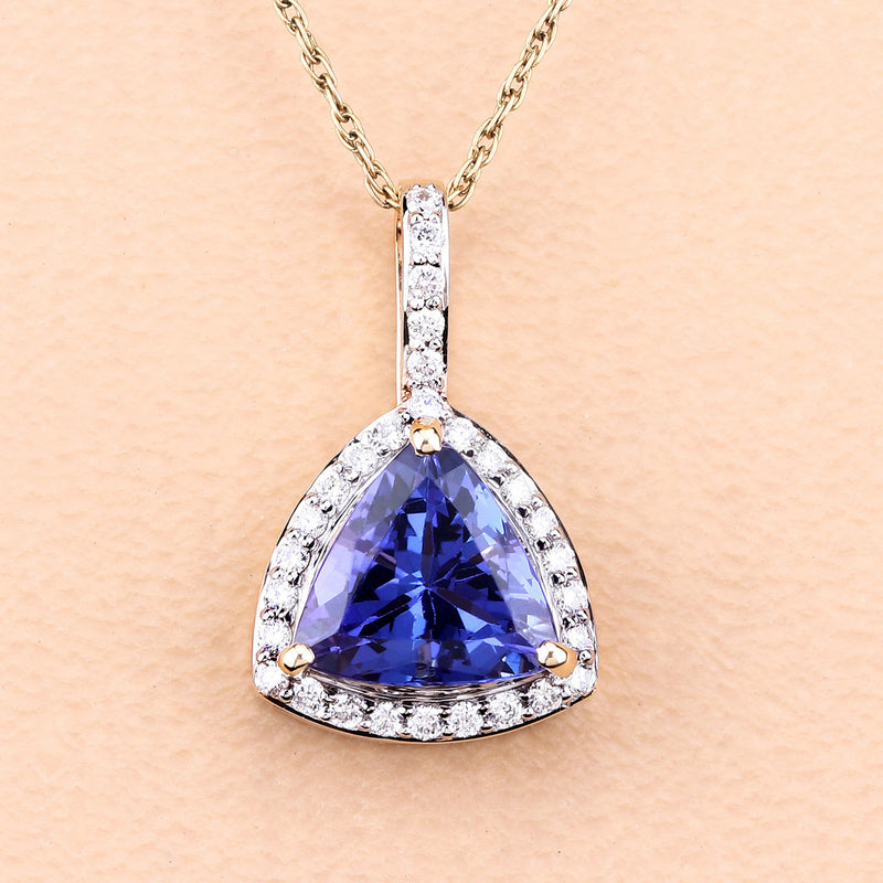 2.29 Carat Genuine Tanzanite and White Diamond 14K Yellow Gold Pendant