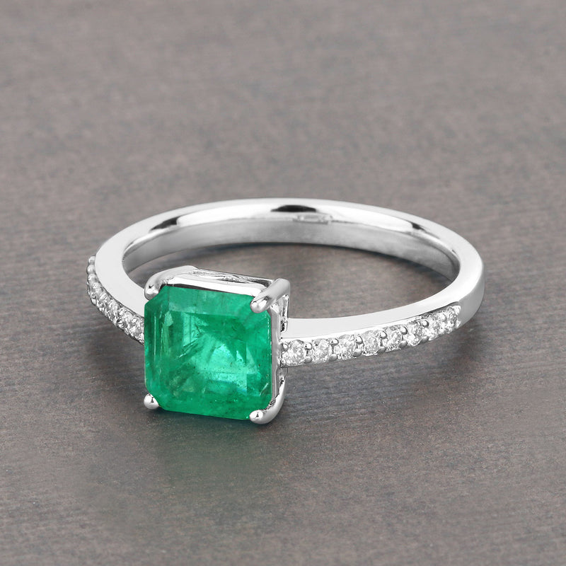 IGI Certified 1.56 Carat Genuine Zambian Emerald and White Diamond 14K White Gold Ring