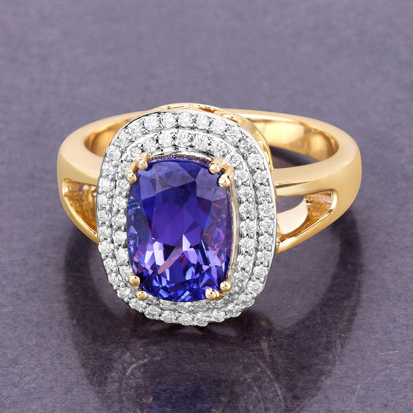 3.33 Carat Genuine Tanzanite and White Diamond 14K Yellow Gold Ring