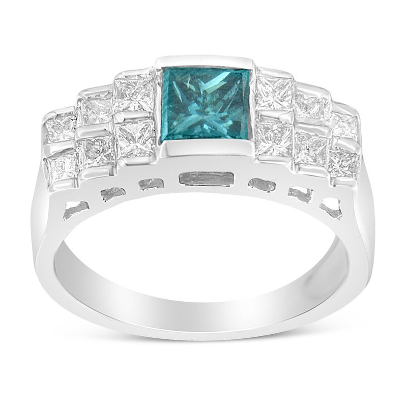 14k White Gold 1 1/2ct TDW White and Treated Blue Princess Diamond Modern Band Ring(H-I SI1-SI2)