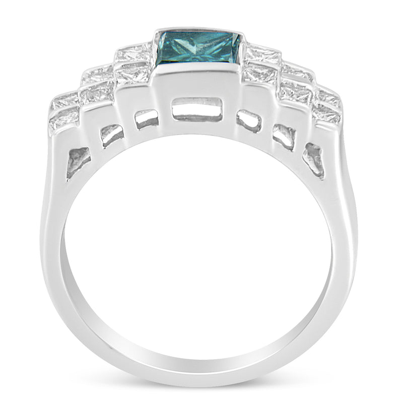 14k White Gold 1 1/2ct TDW White and Treated Blue Princess Diamond Modern Band Ring(H-I SI1-SI2)