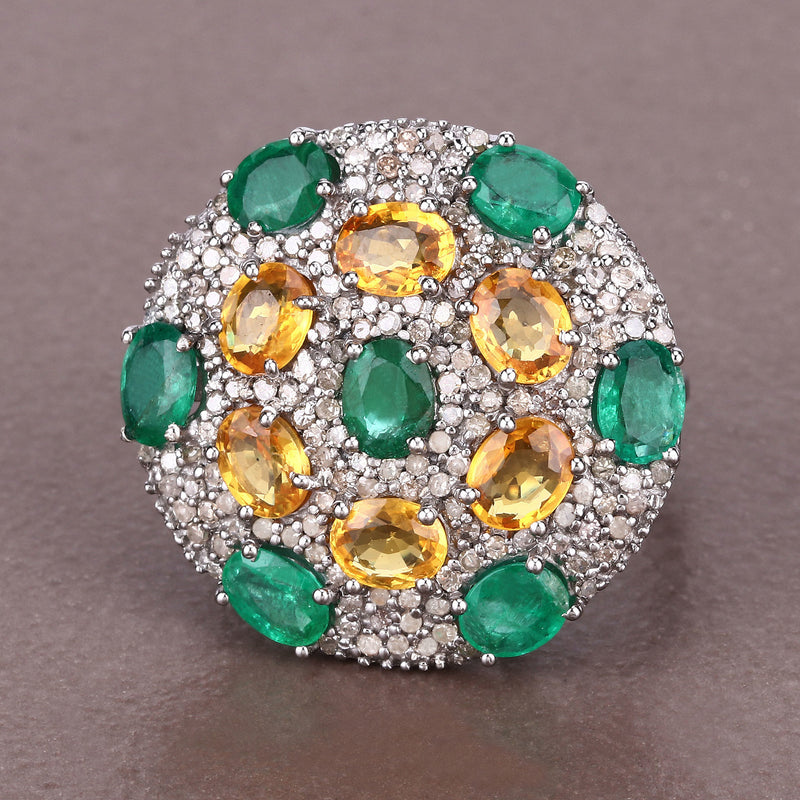 5.36 Carat Genuine Yellow Sapphire, Emerald and White Diamond .925 Sterling Silver Ring