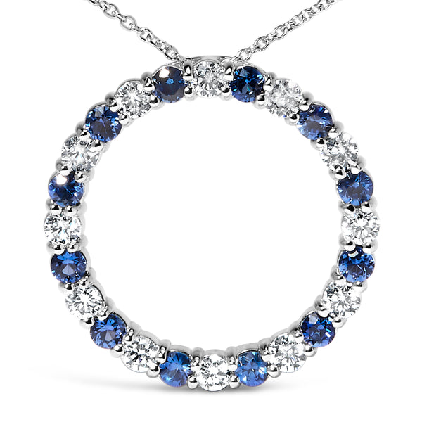 14K White Gold 2 3/5 Cttw Alternating White Diamond and Blue Sapphire Eternity Circle 18" Pendant Necklace (I-J Color, SI1-SI2 Clarity)