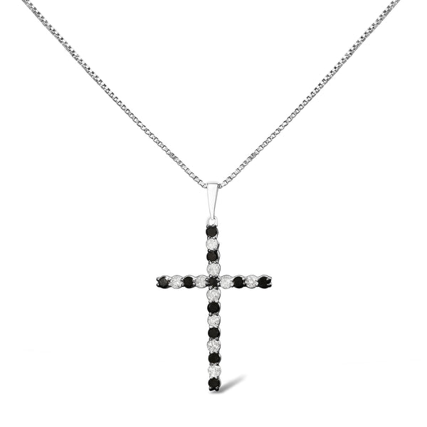 .925 Sterling Silver 1/2 Cttw Alternating Black and White Diamond Cross Pendant Necklace (H-I Color, I2-I3 Clarity) - 18" Inches