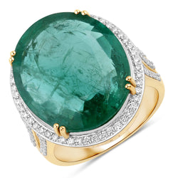 IGI Certified 13.48 Carat Genuine Zambian Emerald and White Diamond 14K Yellow Gold Ring