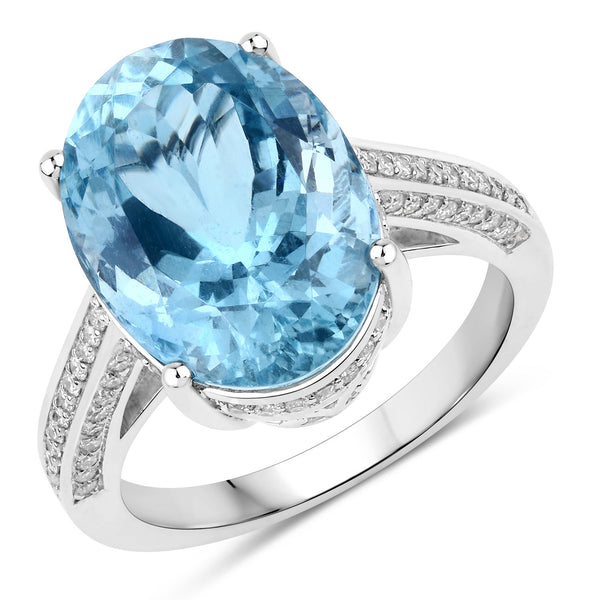 8.84 Carat Genuine Aquamarine and White Diamond 14K White Gold Ring