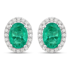 1.66 Carat Genuine Zambian Emerald and White Diamond 14K White Gold Earrings