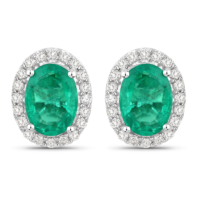 1.66 Carat Genuine Zambian Emerald and White Diamond 14K White Gold Earrings