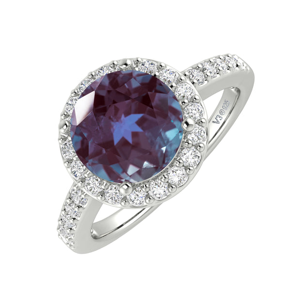 V3 Jewelry Sterling Silver with Color Changing Alexandrite and White Topaz Halo Ring