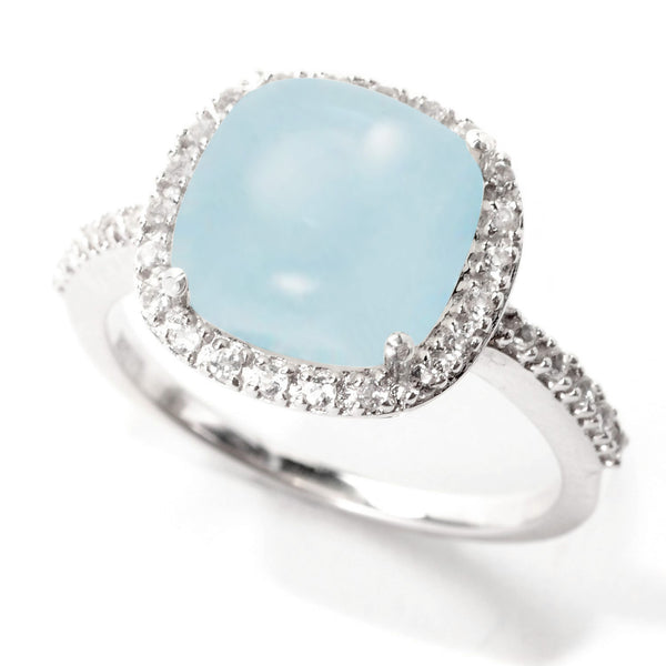 V3 Jewelry Natural Aquamarine and White Topaz Cushion Cut Halo Ring