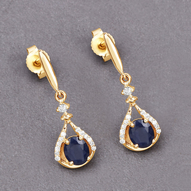 0.86 Carat Genuine Blue Sapphire and White Diamond 14K Yellow Gold Earrings