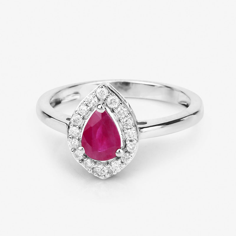 0.92 Carat Genuine Ruby and White Diamond 14K White Gold Ring