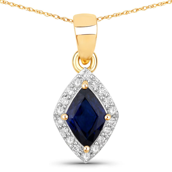 0.92 Carat Genuine Blue Sapphire and White Diamond 14K Yellow Gold Pendant