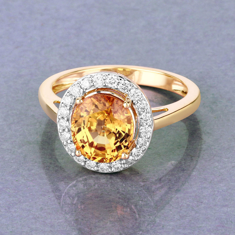 3.59 Carat Genuine Yellow Sapphire and White Diamond 14K Yellow Gold Ring