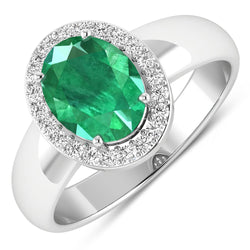 1.87 Carat Genuine Zambian Emerald and White Diamond 14K White Gold Ring