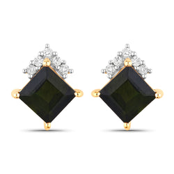 1.66 Carat Genuine Green Tourmaline and White Diamond 14K Yellow Gold Earrings