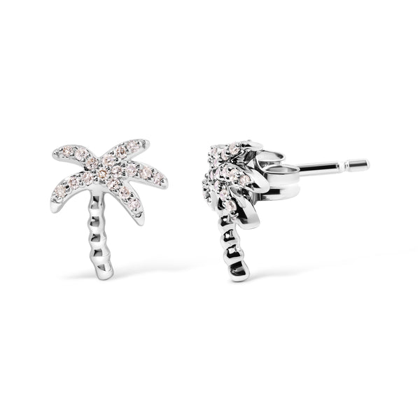 10K White Gold 1/10 Cttw Diamond  Encrusted Palm Tree Stud Earrings (H-I Color, I1-I2 Clarity)