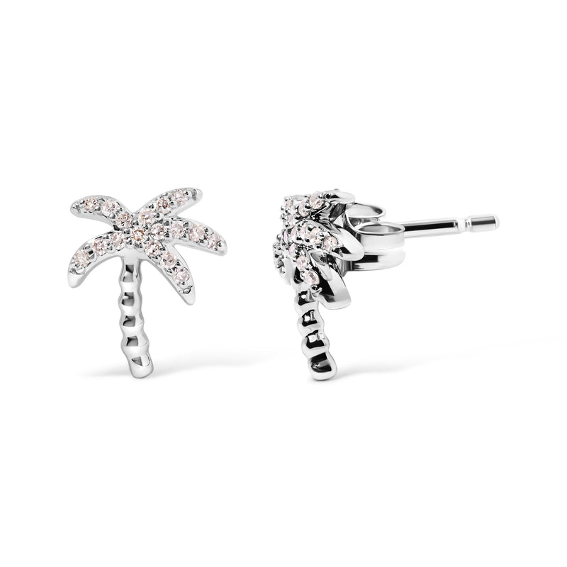 10K White Gold 1/10 Cttw Diamond  Encrusted Palm Tree Stud Earrings (H-I Color, I1-I2 Clarity)