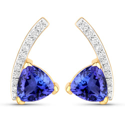 3.77 Carat Genuine Tanzanite and White Diamond 14K Yellow Gold Earrings