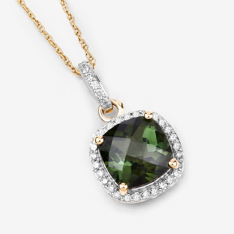 2.61 Carat Genuine Green Tourmaline and White Diamond 14K Yellow Gold Pendant