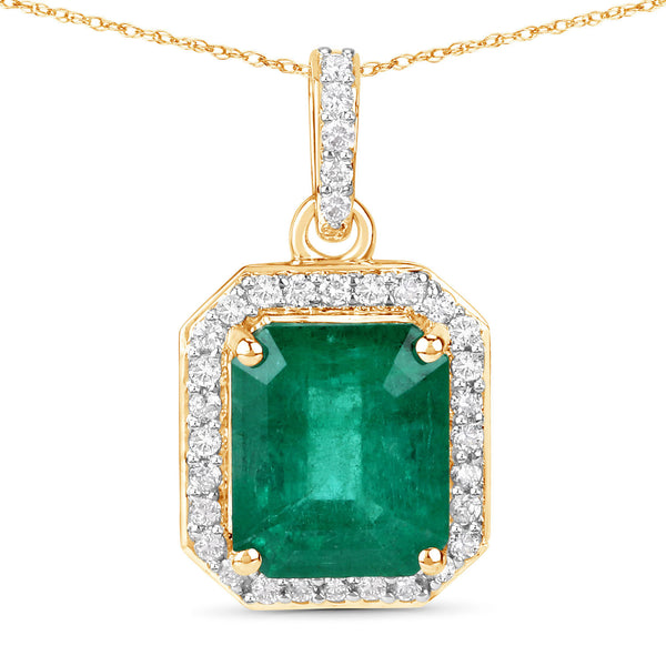 IGI Certified 3.38 Carat Genuine Zambian Emerald and White Diamond 14K Yellow Gold Pendant