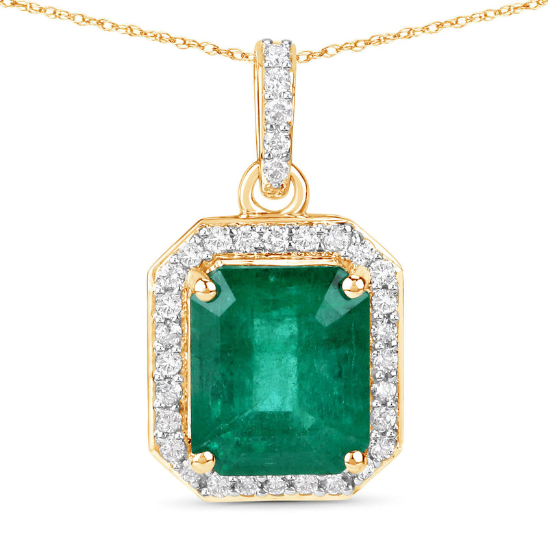 IGI Certified 3.38 Carat Genuine Zambian Emerald and White Diamond 14K Yellow Gold Pendant