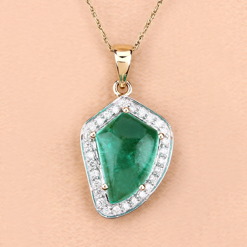 5.52 Carat Genuine Zambian Emerald and White Diamond 14K Yellow Gold Pendant