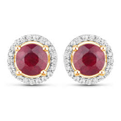 1.50 Carat Genuine Ruby and White Diamond 14K Yellow Gold Earrings