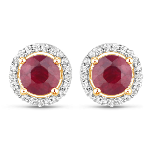 1.50 Carat Genuine Ruby and White Diamond 14K Yellow Gold Earrings