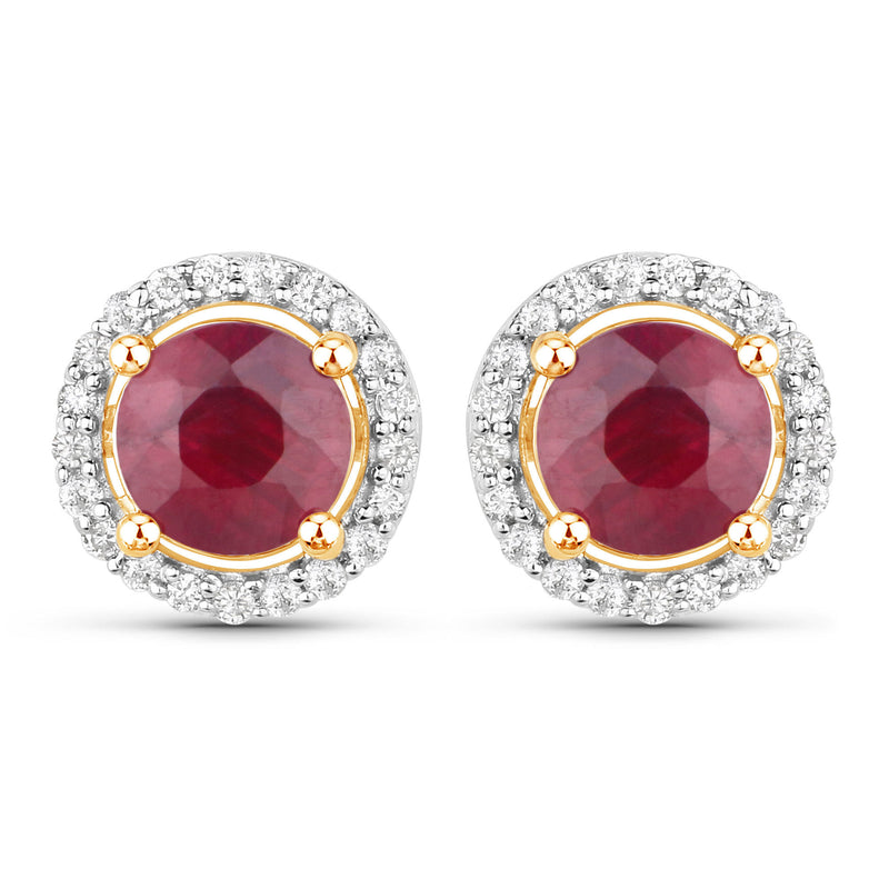 1.50 Carat Genuine Ruby and White Diamond 14K Yellow Gold Earrings