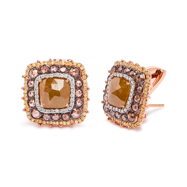 14K Rose Gold 6.00 Cttw Fancy Diamond Cushion Shaped Triple Halo Stud Earrings (Fancy Color, I2-I3 Clarity)