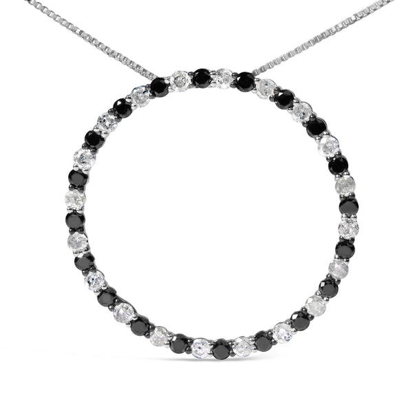 .925 Sterling Silver 2.0 Cttw Round-Cut Natural Treated Black and White Diamond Pendant Necklace - 18"