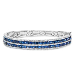 18K White Gold Alternating Diamond and 8.00 Cttw Princess Cut Blue Sapphire Multi Row Bangle Bracelet (G-H Color, VS1-VS2 Clarity) - 7" Inches