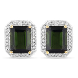 3.57 Carat Genuine Green Tourmaline and White Diamond 14K Yellow Gold Earrings