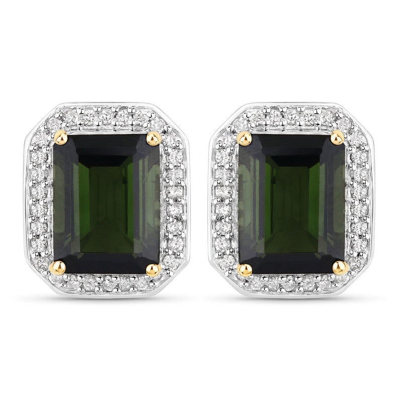 3.57 Carat Genuine Green Tourmaline and White Diamond 14K Yellow Gold Earrings