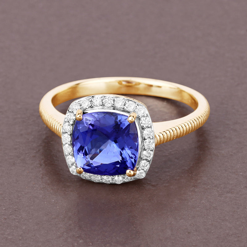 2.20 Carat Genuine Tanzanite and White Diamond 14K Yellow Gold Ring