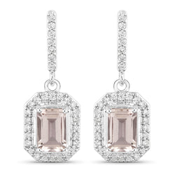 1.18 Carat Genuine Morganite and White Diamond 14K White Gold Earrings