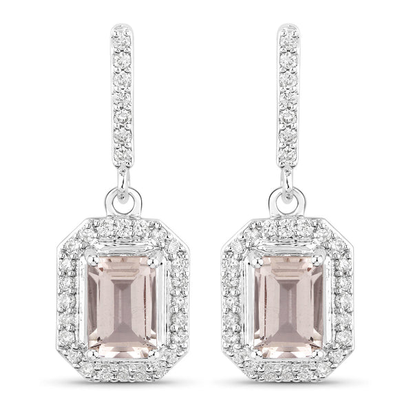 1.18 Carat Genuine Morganite and White Diamond 14K White Gold Earrings