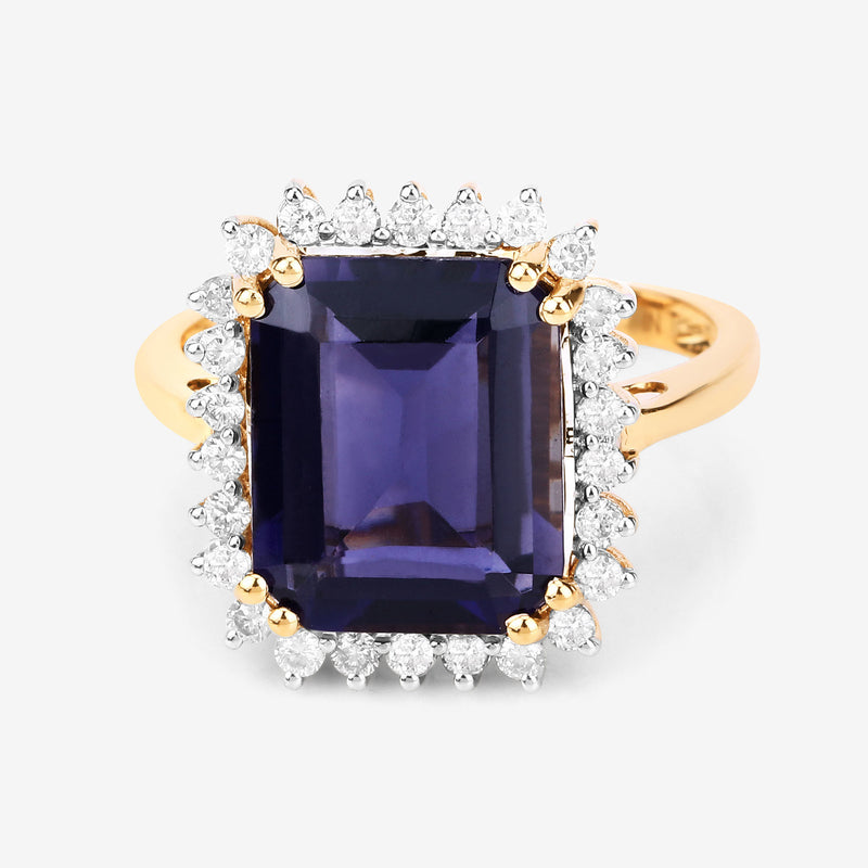 4.59 Carat Genuine Iolite and White Diamond 14K Yellow Gold Ring