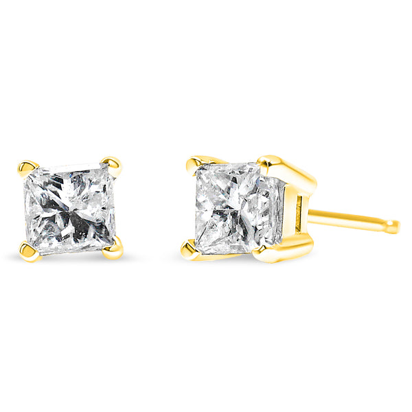 AGS Certified 1/4 Cttw Princess-Cut Square Diamond 4-Prong Solitaire Stud Earrings in 14K Yellow Gold (J-K Color, SI2-I1 Clarity)