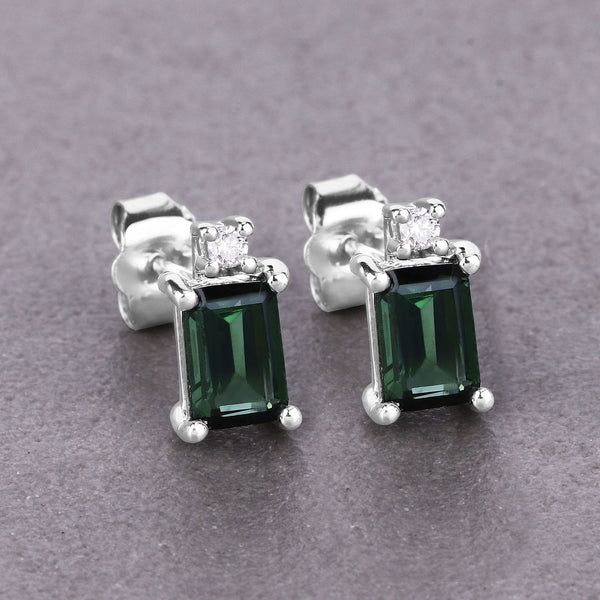 1.24 Carat Genuine Green Tourmaline and White Diamond 14K White Gold Earrings