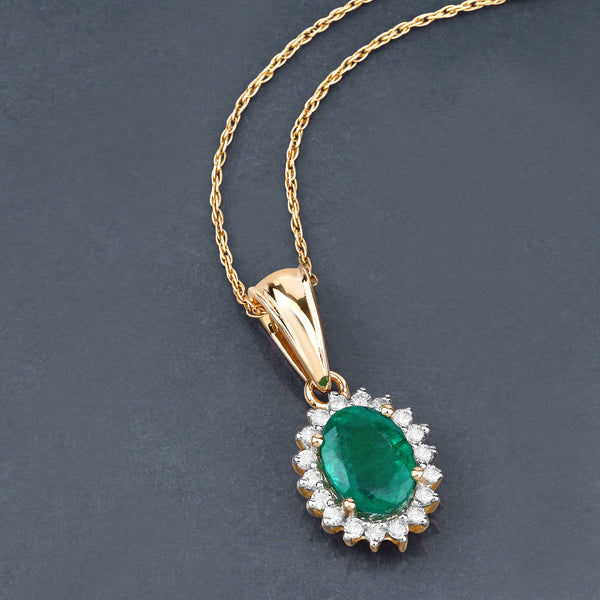 1.43 Carat Genuine Zambian Emerald and White Diamond 14K Yellow Gold Pendant