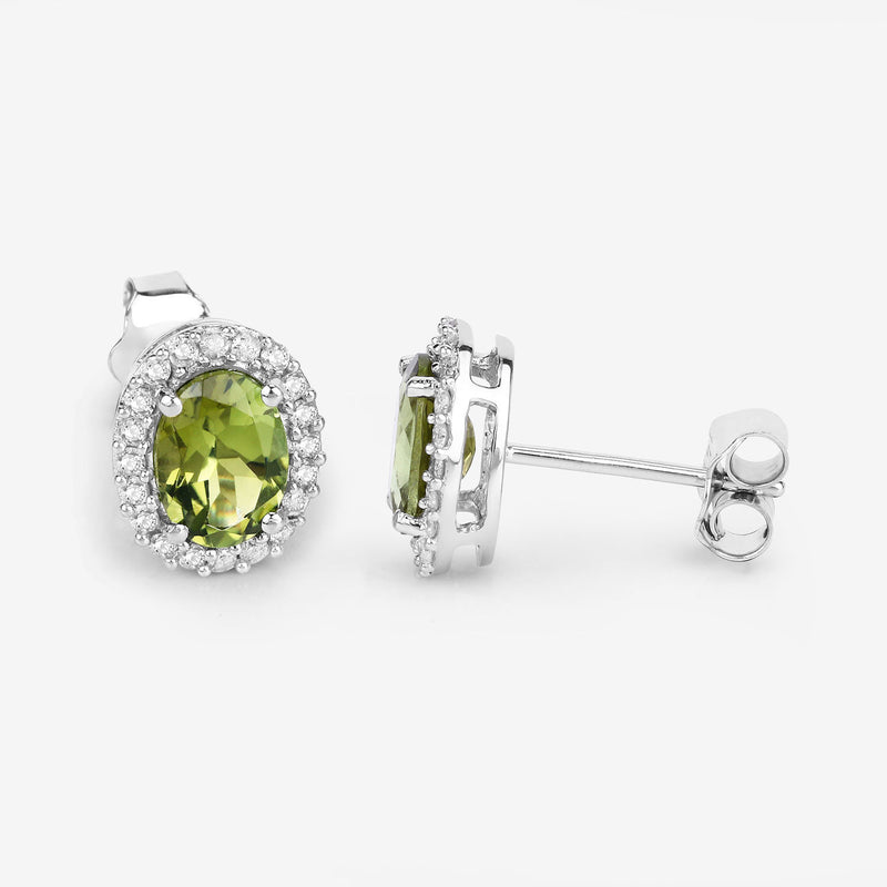 1.92 Carat Genuine Green Tourmaline and White Diamond 14K White Gold Earrings