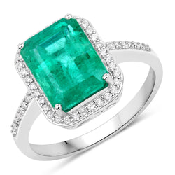 IGI Certified 3.57 Carat Genuine Zambian Emerald and White Diamond 14K White Gold Ring