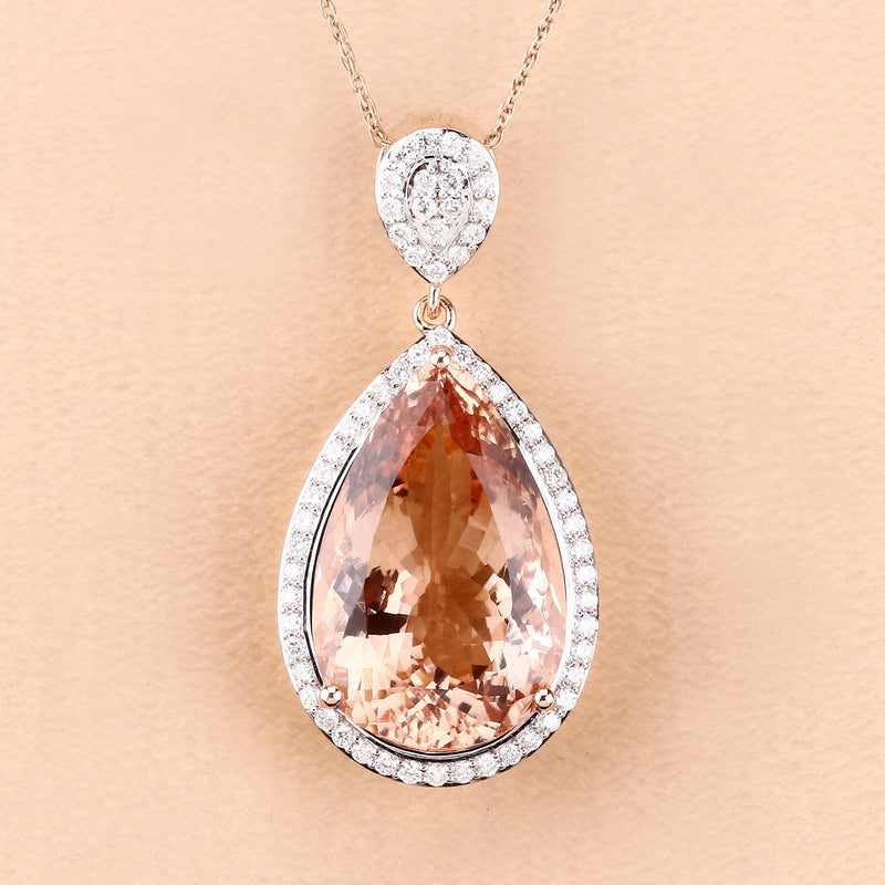 13.27 Carat Genuine Morganite and White Diamond 14K Rose Gold Pendant