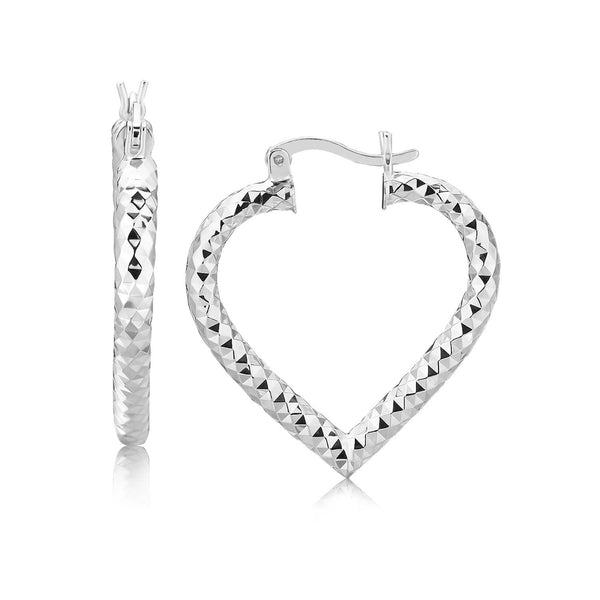 Sterling Silver Rhodium Plated Heart Style Hoop Diamond Cut Earrings