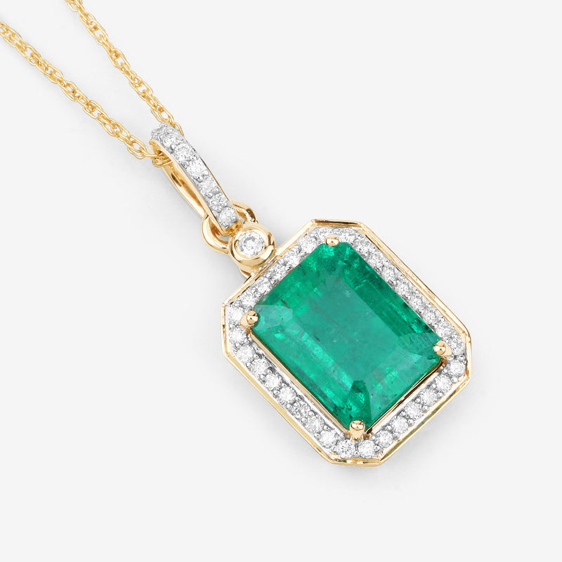 IGI Certified 2.87 Carat Genuine Zambian Emerald and White Diamond 14K Yellow Gold Pendant